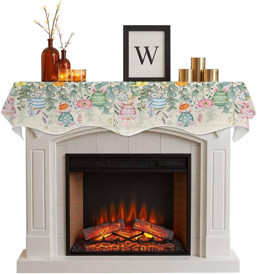 Easter Fireplace Mantel Scarf Table Runner, Spring Colorful Eggs Eucalyptus Leaves Floral Winter Garland Mantel Top Tablerunners Dresser Scarves Cover for Windows Party Living Room 70''x17''