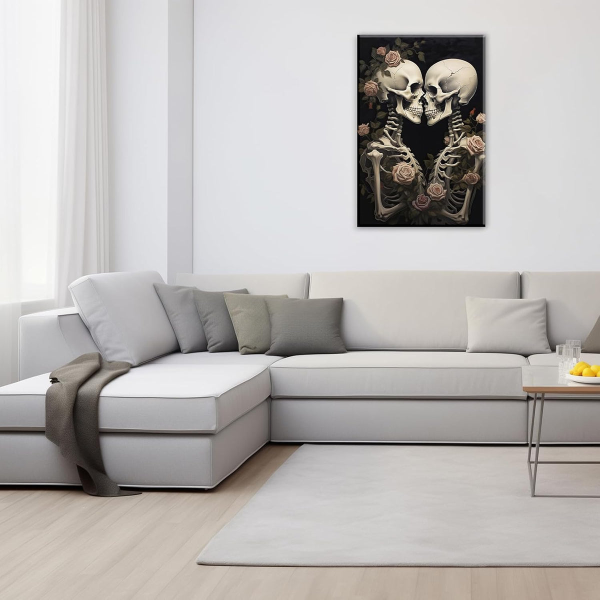 OAAPITI Vintage Skeleton Canvas Wall Art Gothic Painting Artwork Retro Rose Skull Art Poster Abstract Romantic Theme Picture Halloween Living Room Decor(Artwork-4,28"x42")