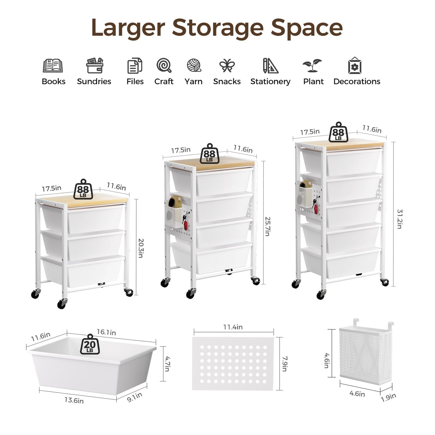 Rolling Cart with 3 Drawers, Plastic Drawer Storage Carts with Lockable Wheels & Wooden Tabletop, Metal Utility Cart Organizer, Office Bedroom Classroom Craft Organization and Storage, Bright White