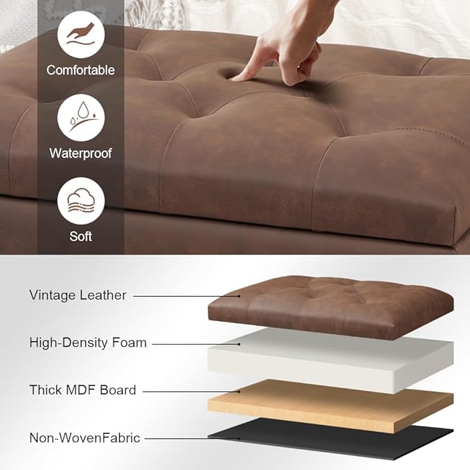 Joveco Leather Storage Ottoman with 360° Caster Wheels 24" Foot Rest Bench Rectangle Ottomans