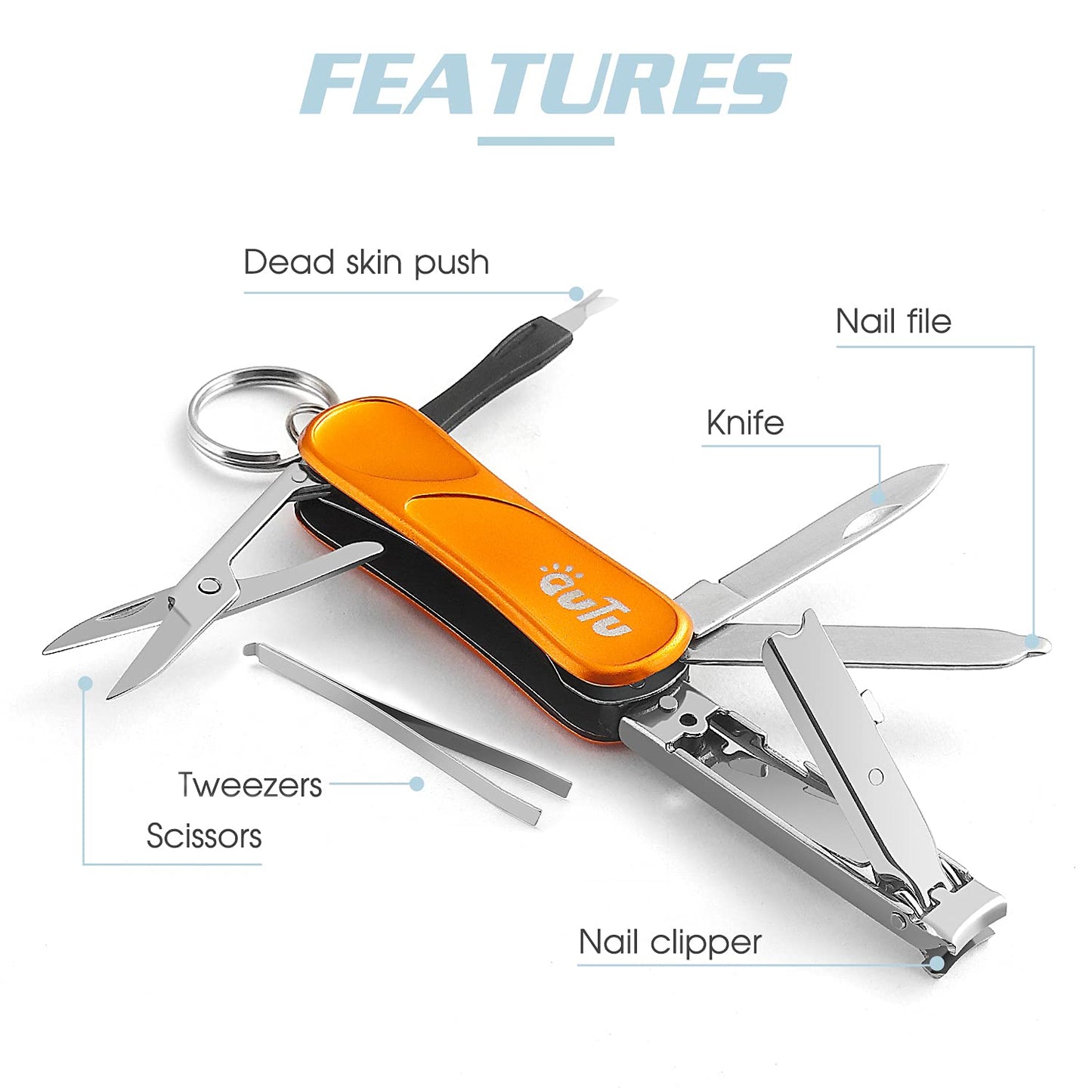 OUTU Keychain Nail Clippers Multitool, 7 in 1 EDC Utility Tool with Nail Clipper, Scissors, Gifts for Him Men Husband Dad Boyfriend (Orange)