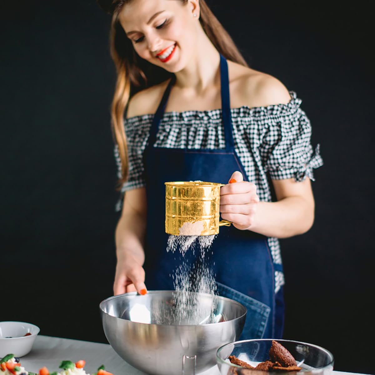 Gold Flour Sifter Baking Tool Set, findTop Stainless Steel 4-Piece Kit with 10" Whisk, Dough Scraper & 5 Measuring Spoons, Mirror Polished, Easy to Clean, for Cake Bread Cookie Prep