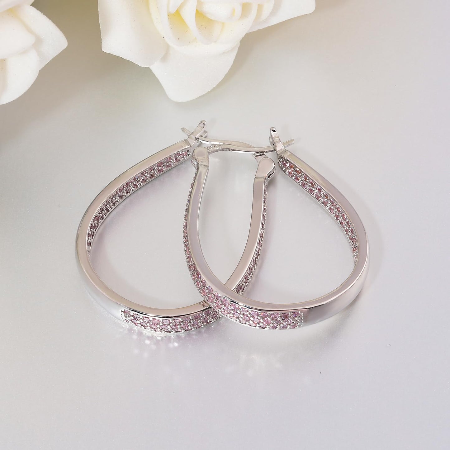 CiNily 925 Sterling Silver Post Oval Hoop Earrings for Women Light Pink Cubic Zirconia Hoop Earring Large Chunky Hoop Earrings 14K White Gold Plated Gemstone Earrings