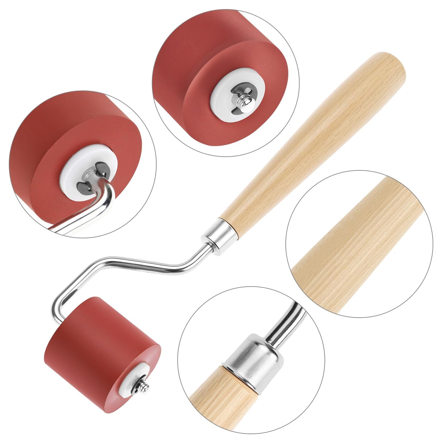 QWORK 3pcs Rubber Brayer Roller Set, 1.18" 0.78" 0.39" Mini Ink Rollers with Wooden Handle & Stainless Steel Frame for Printmaking, Stamping, Inking Blocks, Carving Surfaces