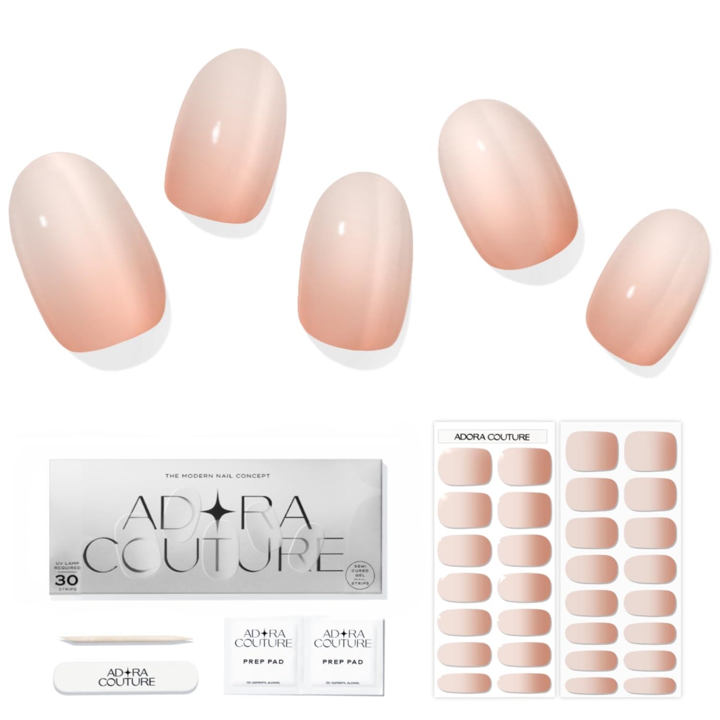 Adora Couture Semi Cured Gel Nail Strips with 30 Pieces - Salon Quality Manicure Kit for Women Easy Application Wraps Includes Prep Pads Nail File Wooden Stick, UV Light Required (Peach Fuzz)