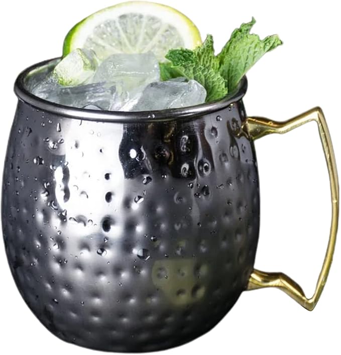 Artisan's Anvil Moscow Mule Mugs with Straws, Comfortable Brass Handle, Stainless Steel Made, Original Hammered Shape, Glossy Black Nickel Plated, Set of 2