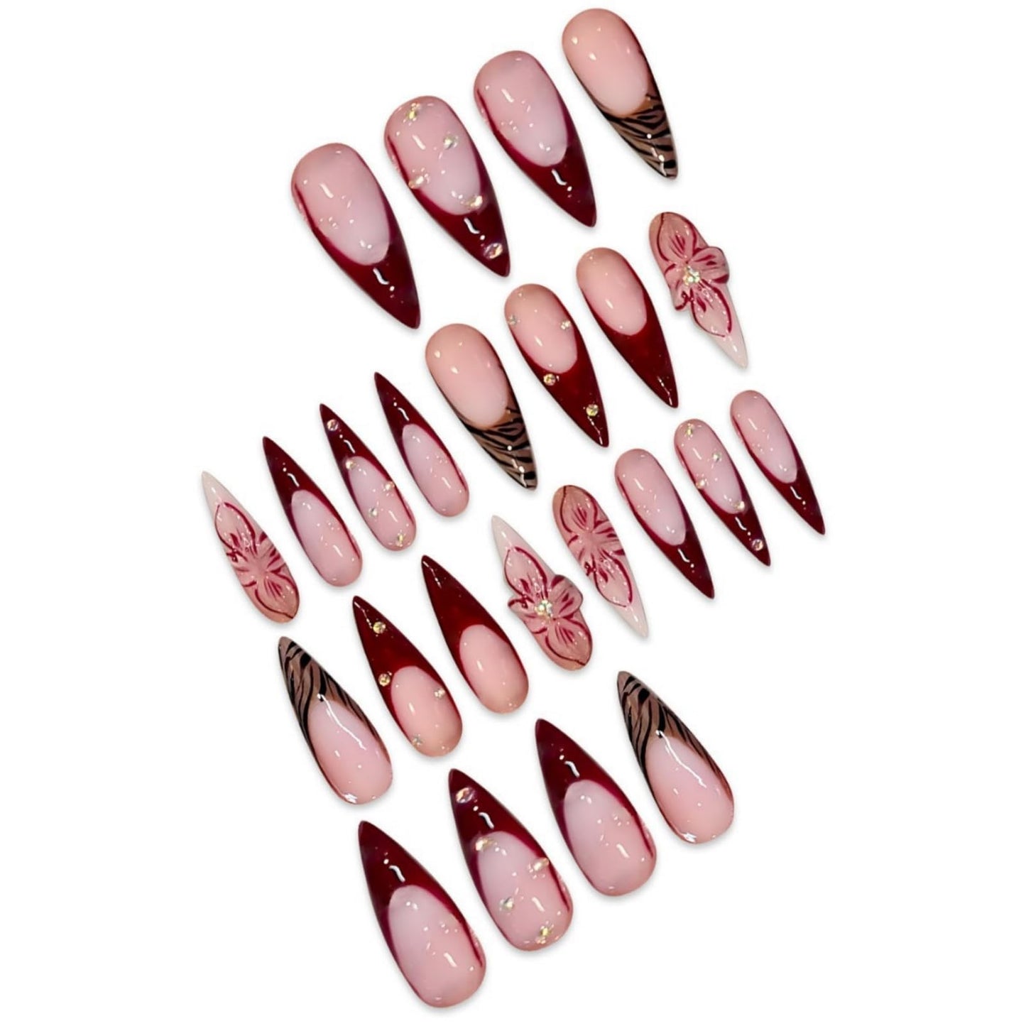 Long Press on Nails Stiletto Fake Nails French False Nails Brown Artificial Nails with Pink Flowers Designs Leopard Handmade Nails 3D Floral Stick on Nails for Women 24pcs