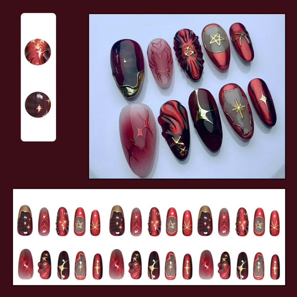 24 Pcs Summer Press on Nails Short Almond,MINGCHUN Red Fake Nails Press ons Acrylic Nail Art Tips Kit Full Cover False Nails Glue on Nails with 3D Texture Starburst Design for Women Nail Supplies
