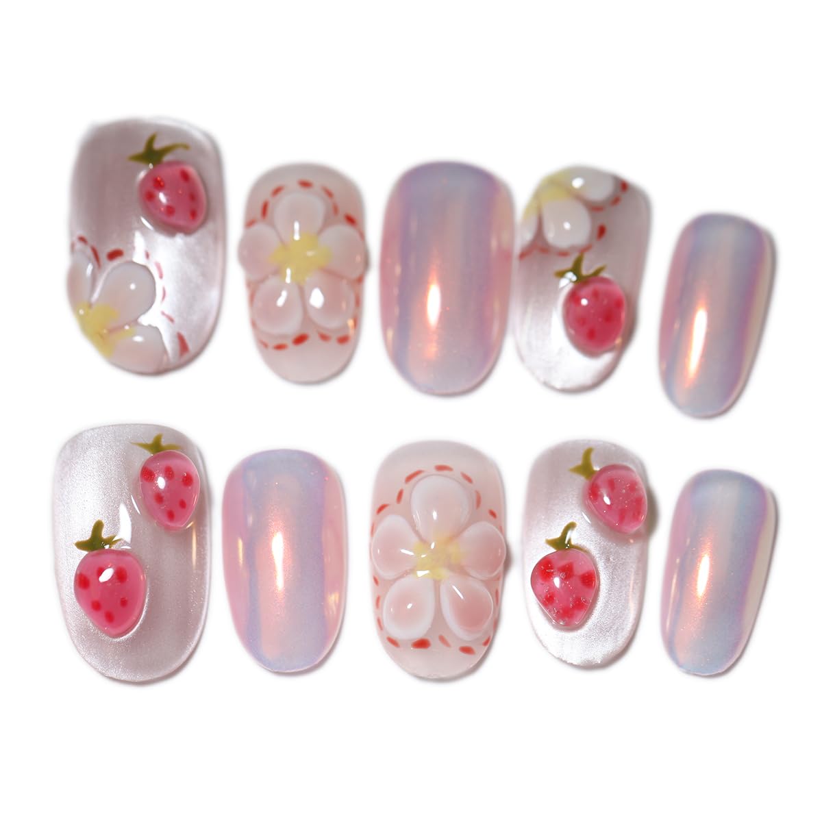 10Pcs Medium Almond Handmade Press On Nails | Easy Apply & Remove, Reusable Salon Quality Nails | Sweet Pink & Red Fake Nails with 3D Strawberry & Floral Accents (A008, XS)
