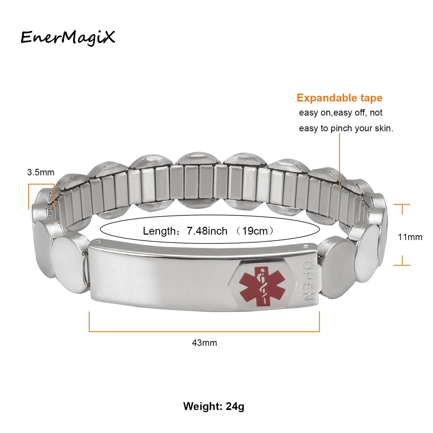 EnerMagiX Medical Alert ID Bracelets for Women, Silver Stainless Steel Personalized Emergency Adjustable Elastic Bracelet 7.48'' for Diabetes Type 1 2, Allergy, Dnr, Personalized Gift