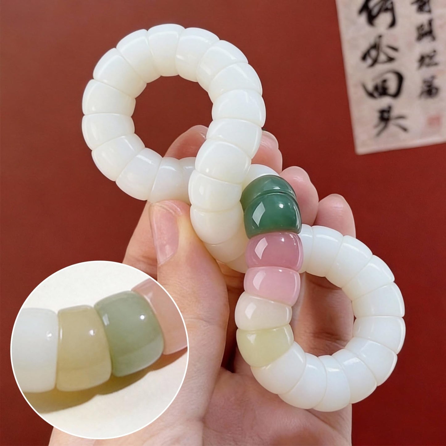Embtrem Bodhi Root Spinner Bracelet for Women, Green Pink Mudi Fidget Jewelry for Stress Relief, Natural Meditation Beads Anxiety Calming Accessory, Elastic Stackable Bracelet