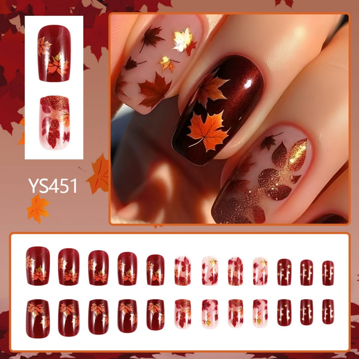 Thanksgiving Press on nails Medium Square Fake Nails with Maple Leaves Design Stick on Nails Gold Glitter False Nails Fall Full Cover Acrylic Glue on Nail for Women Nail Art Decoration 24Pcs
