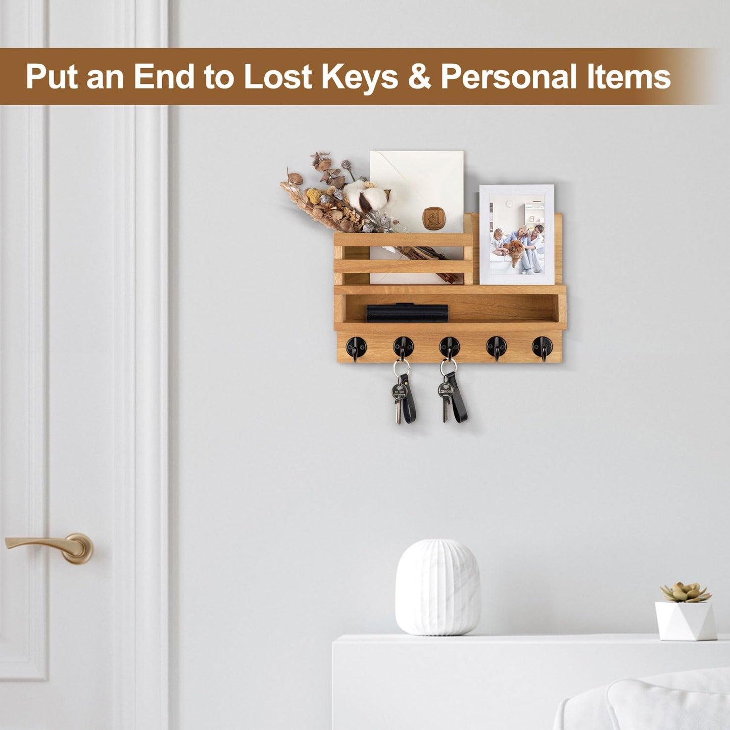 Lucundm Key and Mail Holder Wall Mount, Key Hanger with Long Storage Box and Key Hooks for Coat, Dog Leash, Home Decor Rack, House Accessories, Entry Way Organizer