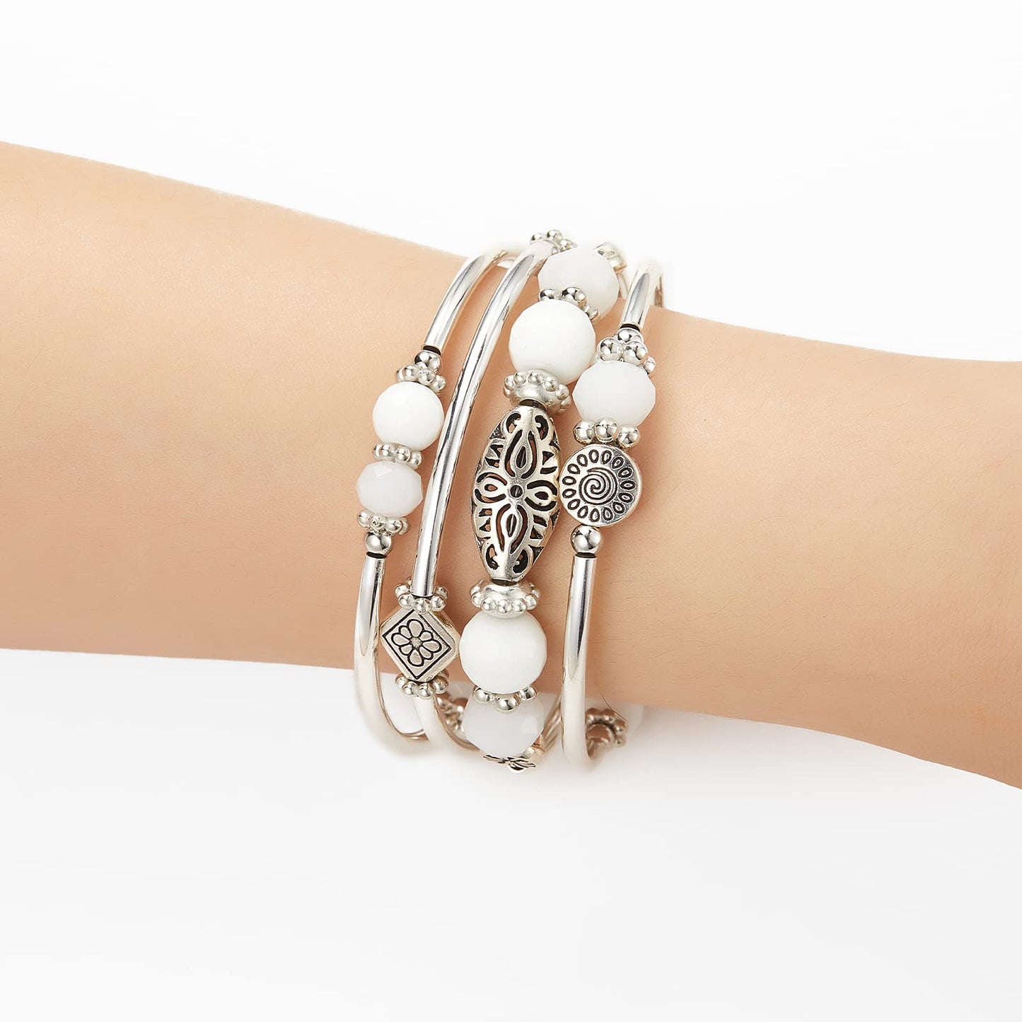 FULU AUTUMN Stackable Beaded Bracelets for Women Boho Wrap Silver Bracelet Layered Fashion Jewelry Gifts for Her(Porcelain White)