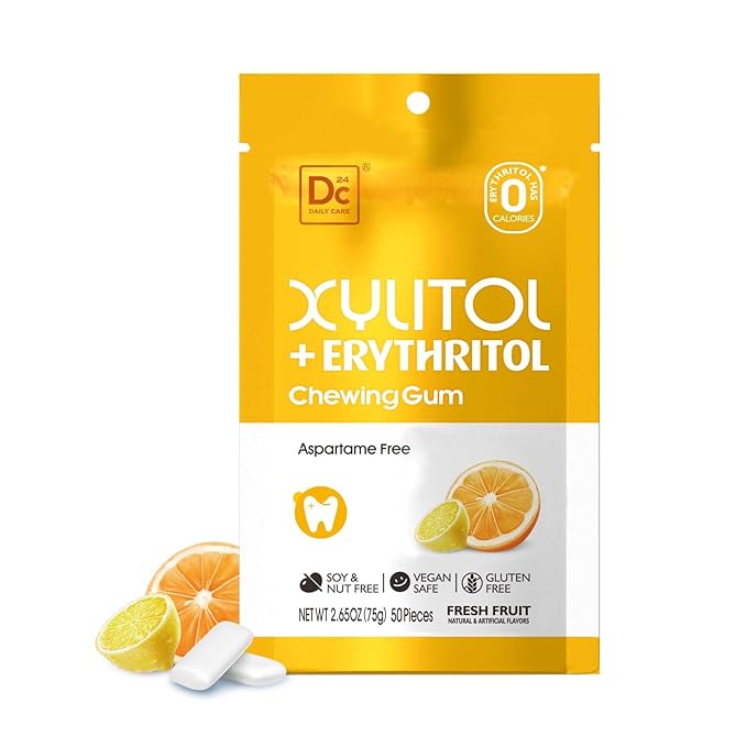 DC24 DAILY CARE Gum, Aspartame Free & Sugar Free, Xylitol Chewing Gum with Erythritol, Low-Calorie, Sugarless, Fresh Fruit Flavored Gum, 50 Pieces (Pack of 1)