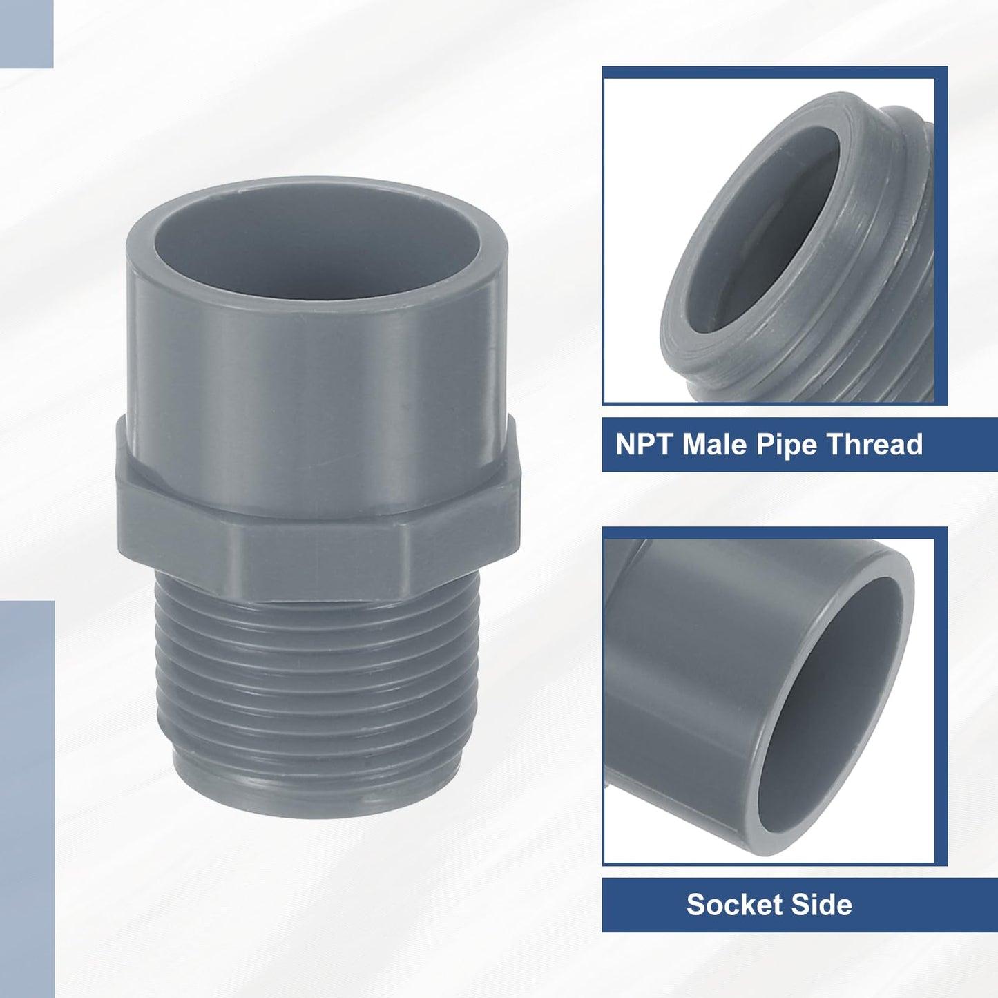 uxcell PVC Male Adapter Pipe Fitting, 10Pcs 3/4" 2-Way PVC Pipe Connectors with Sealant Tape (Socket x Male Thread), Hose Adapter Coupling for Plumbing Water Line (Grey)