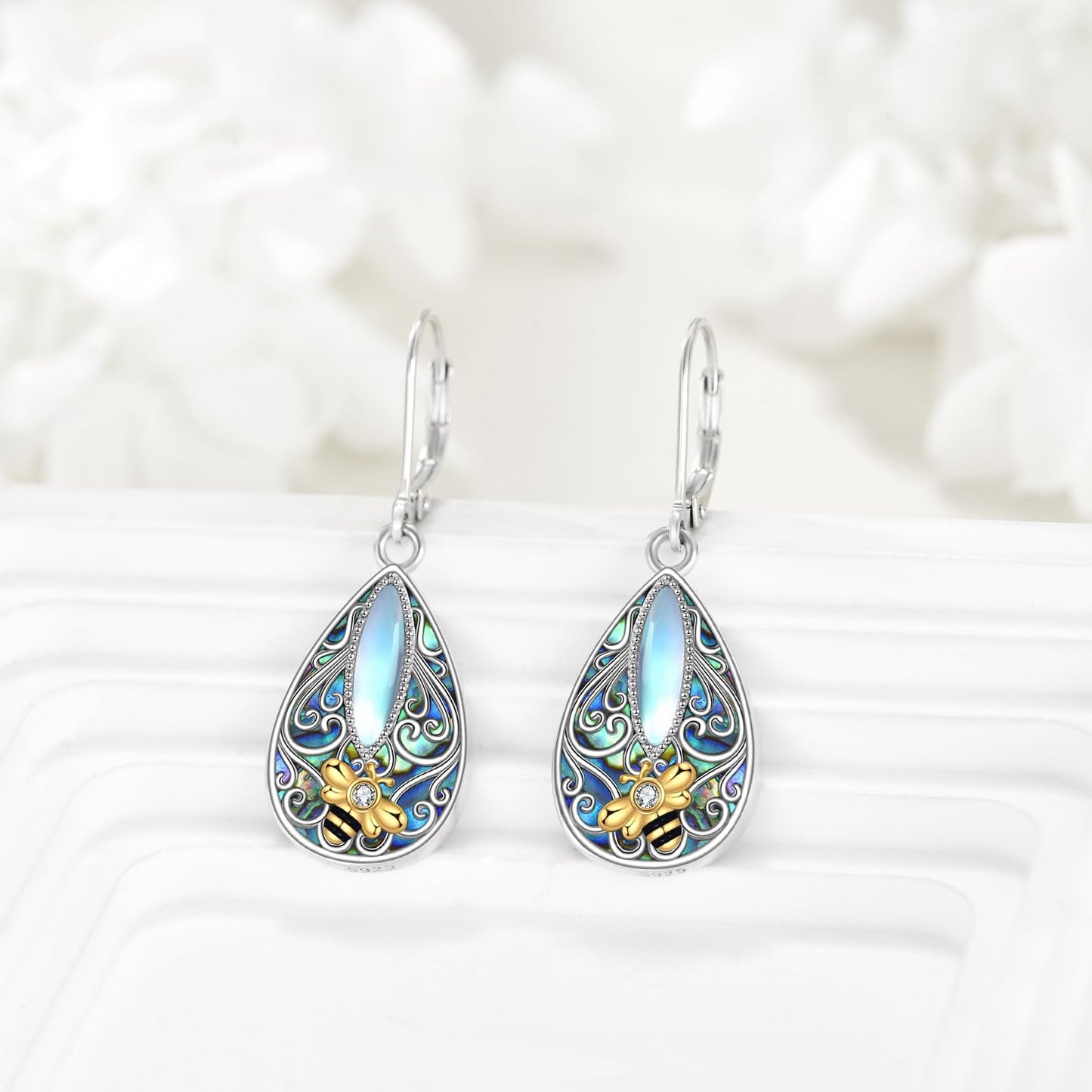 Bee Filigree Earrings Sterling Silver Teardrop Abalone Shell Drop Dangle Filigree Leverback Earrings Jewelry