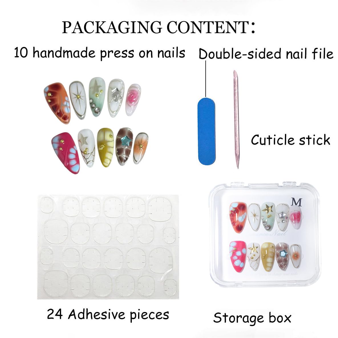 10Pcs Medium Almond Handmade Press On Nails | Easy Apply & Remove, Reusable Salon Quality Nails | Y2K Punk Multicolor Fake Nails with 3D Floral, Star & Gold Bead Accents(5U01, S)