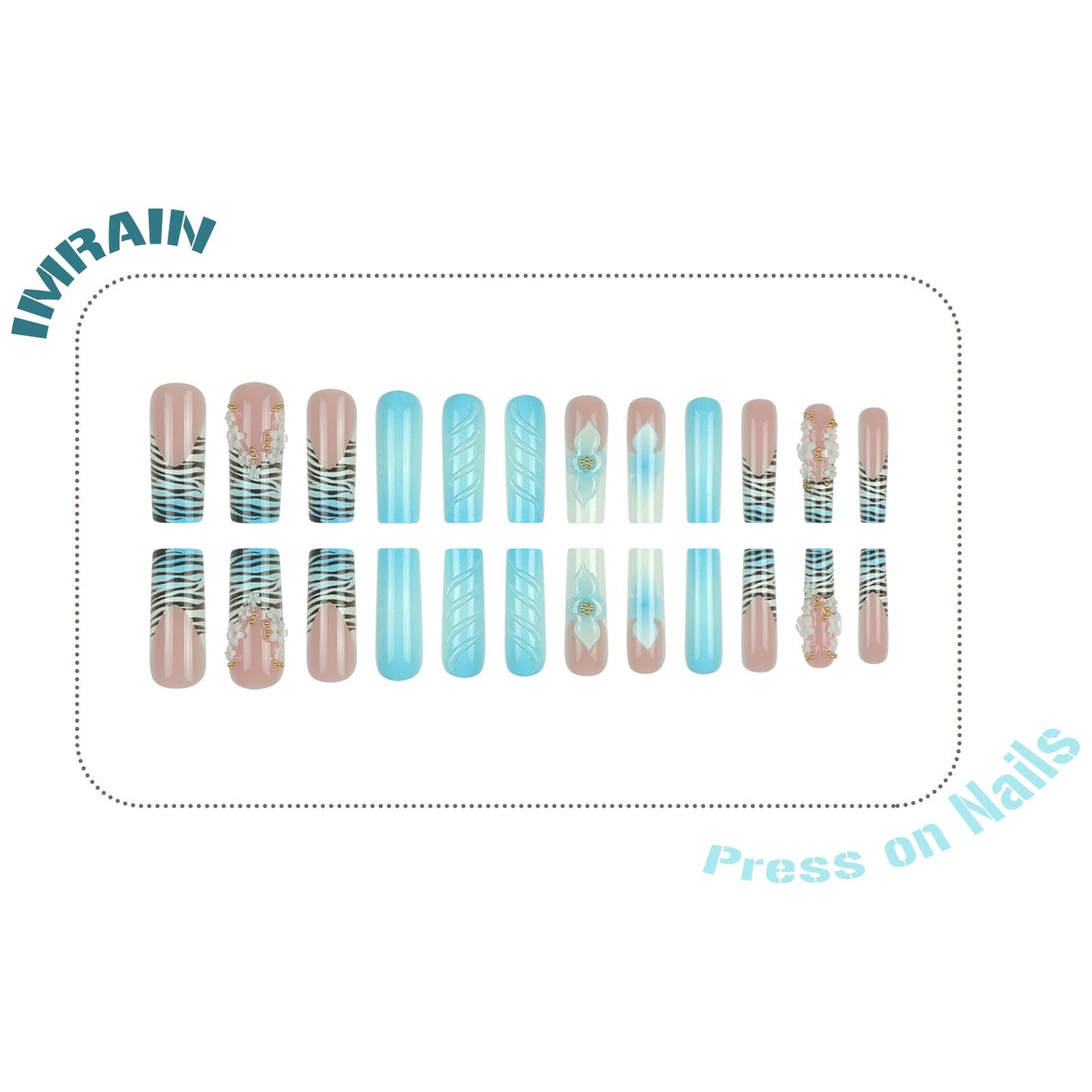 IMRAIN Press on Nails Long Square Fake Nails Blue Ombre French Tips False Nails with 3D Flower Designs Full Cover White Acrylic Glossy Glue on Nails 24Pcs
