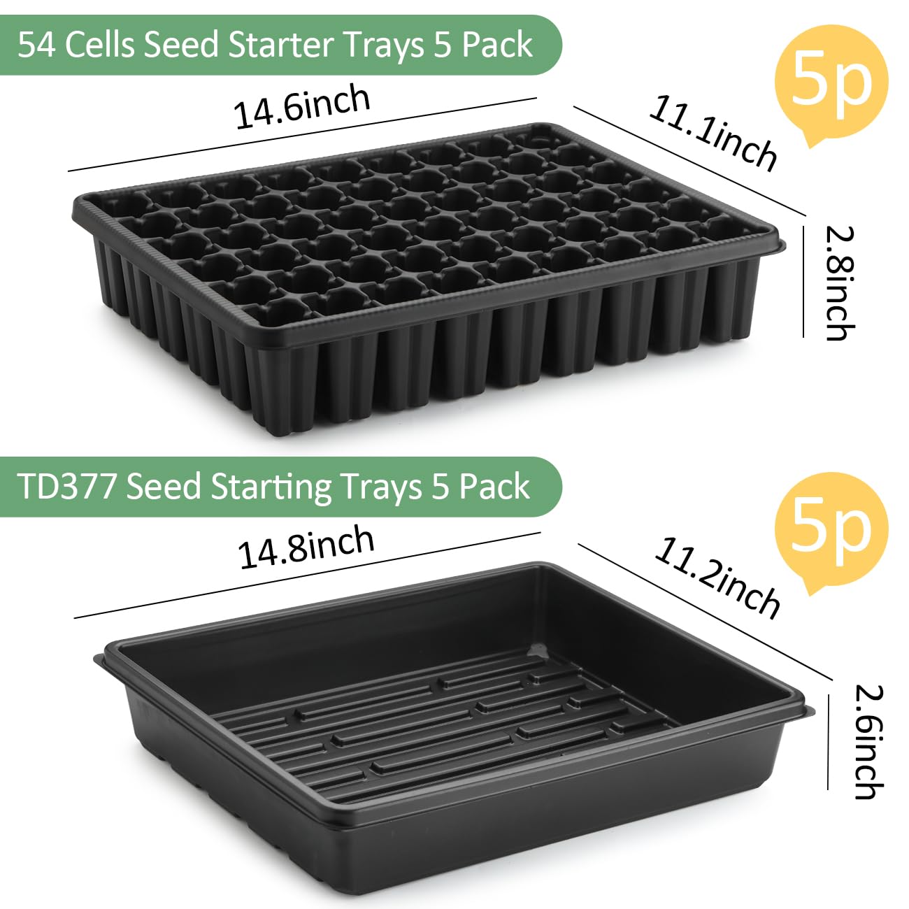 RooTrimmer 5 Pack Seedling Starter Trays No Holes and 5 Pack 54 Cell Seed Starter Trays Extra Deep 2.8" - Heavy Duty Plastic Nursery Trays for Seed Germination & Plant Propagation (5 Sets)