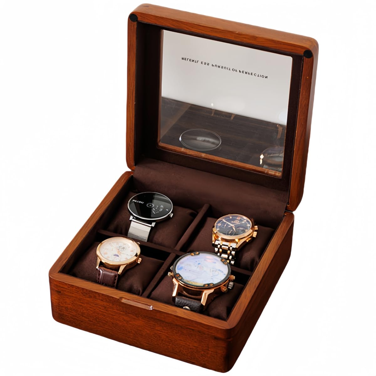 LIBOLXSP Watch Box, Watch Case for Men Women with Large Glass Lid, Wooden Watch Display Storage Box with 4 Slots, Solid Wood Walnut Mens Watch Box Organizer Velvet Lining for Father‘s Day Gift