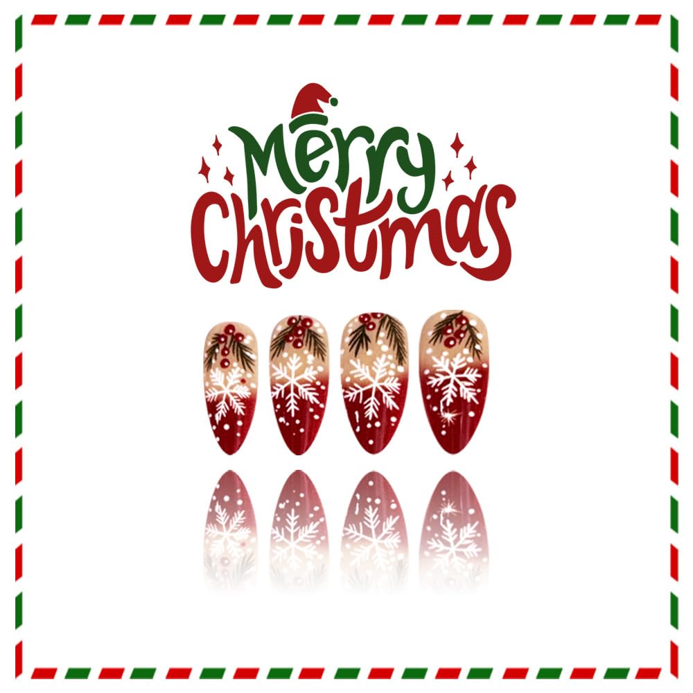 Red French Tip Snowflake Press on Nails Christmas Glossy Almond Fake Nails with Cherry Designs Full Cover Reusable Acrylic Nails Christmas Medium Cute Glue on Nails for Women 24Pcs
