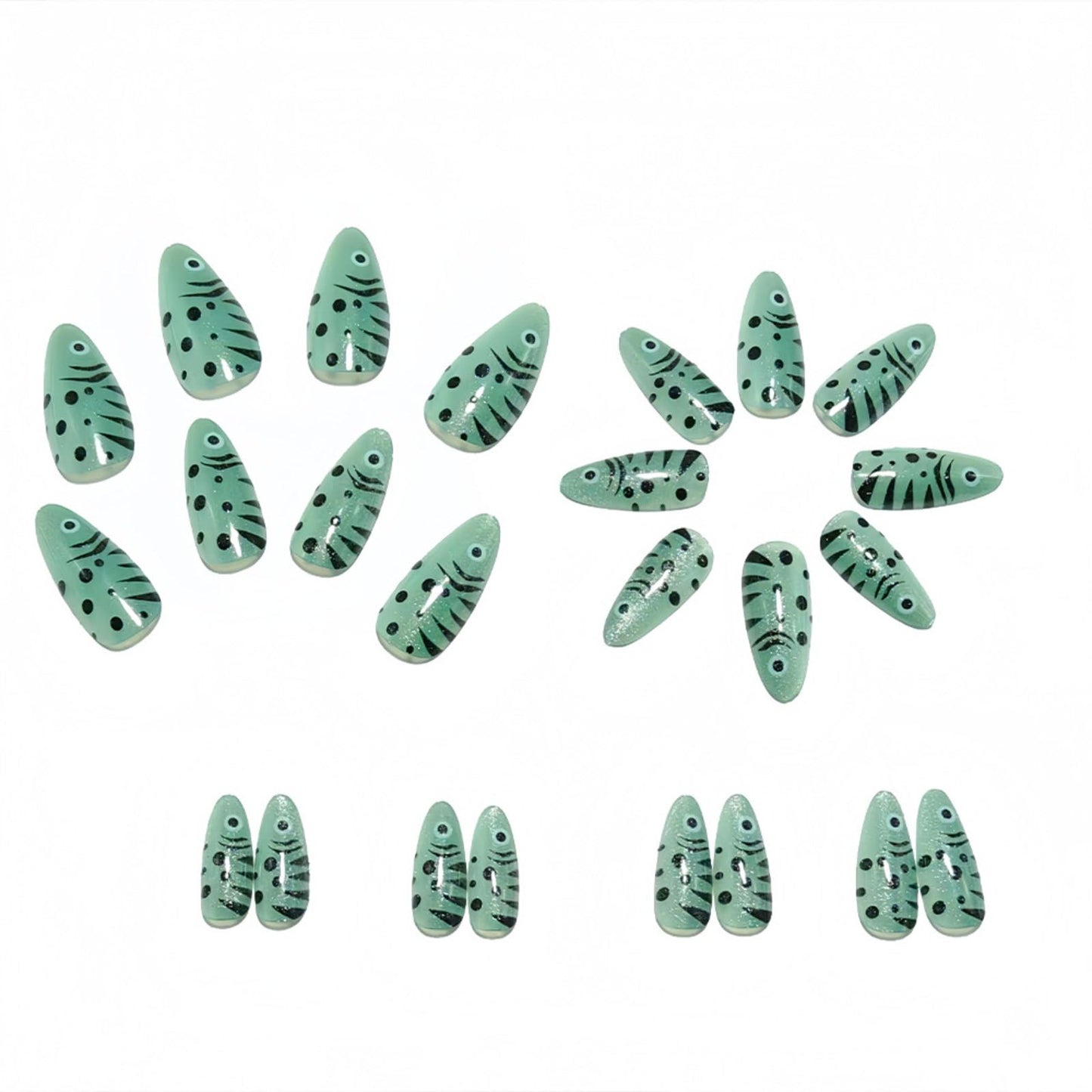 Fish Press on Nails Medium Almond Fake Nails Cute Light Green Fish Full Cover Acrylic False Nails Shiny Funny Artificial Stick on Nails Spring Summer Glue on Nails for Women Manicure Decor 24Pcs