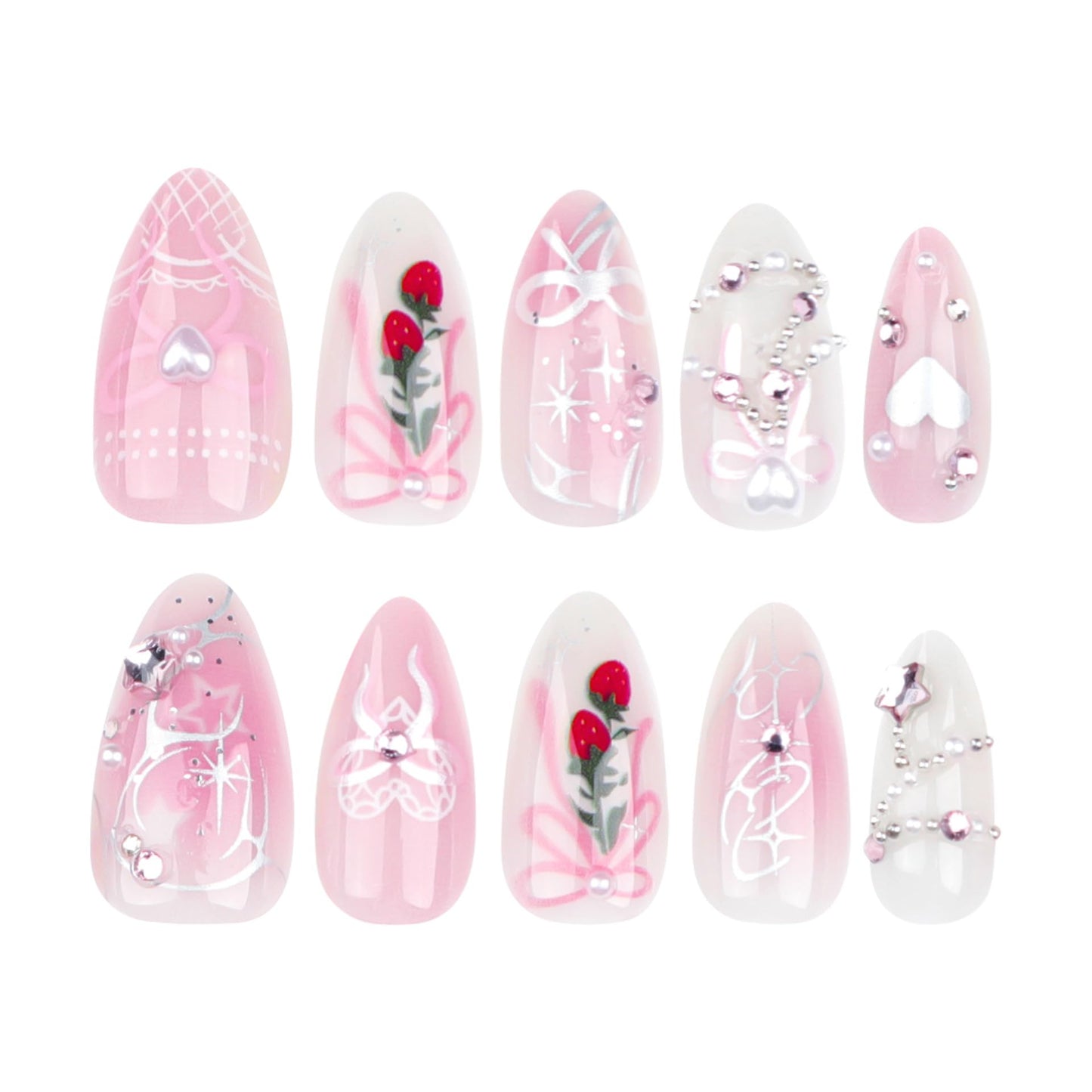 CTTHNBD Press on Nails Almond - Medium Fake Nails with Bow Strawberry Design - Ombre Pink False Nails for Women 24 Pcs