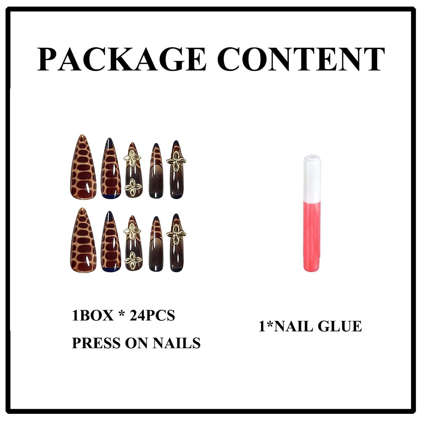 MERVF Press on Nails Long Stiletto, Brown French Tip Fake Nails Animal Tortoise Design Glue ons 3D Gold Flower Acrylic Nail Glossy 24pcs