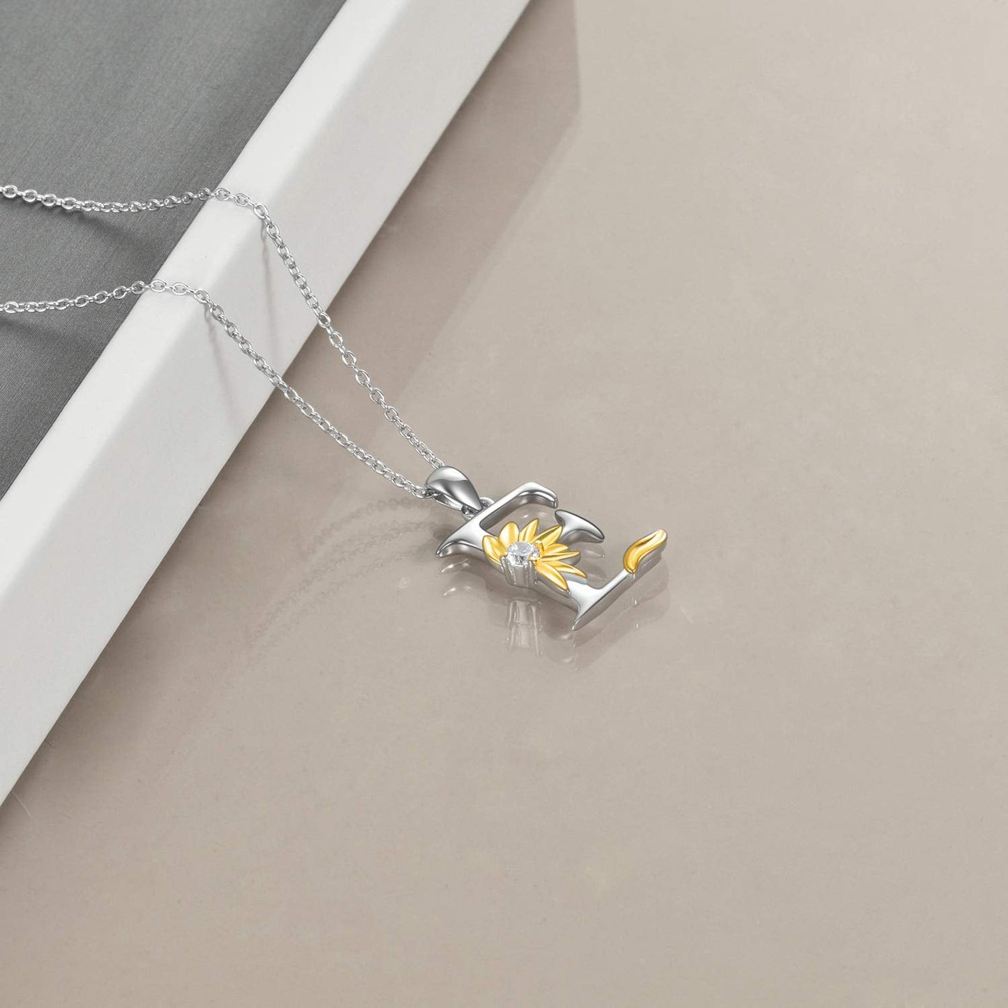 POPLYKE Sterling Silver Initial Alphabet Letter Script Name Pendant Chain Necklace for Women for (Sunflower E)