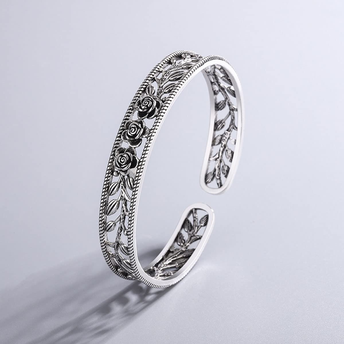 FUTIMELY Silver Leaf Vintage Adjustable Feather Bracelet Trendy Hollow Rose Flower Leaves Cuff Bangle Wedding Bangle for Women Men