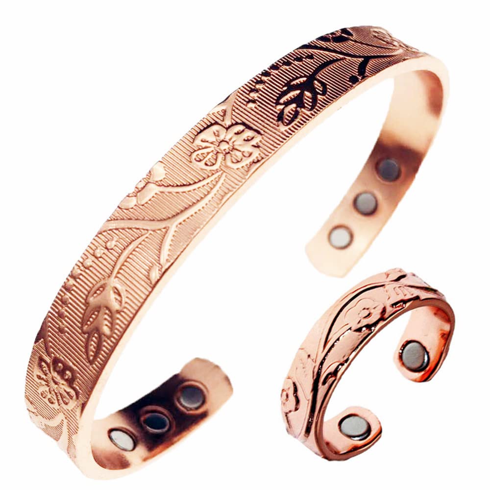 LONGRN-Pure Copper Magnetic Bracelet & Ring Adjustable Size for Women