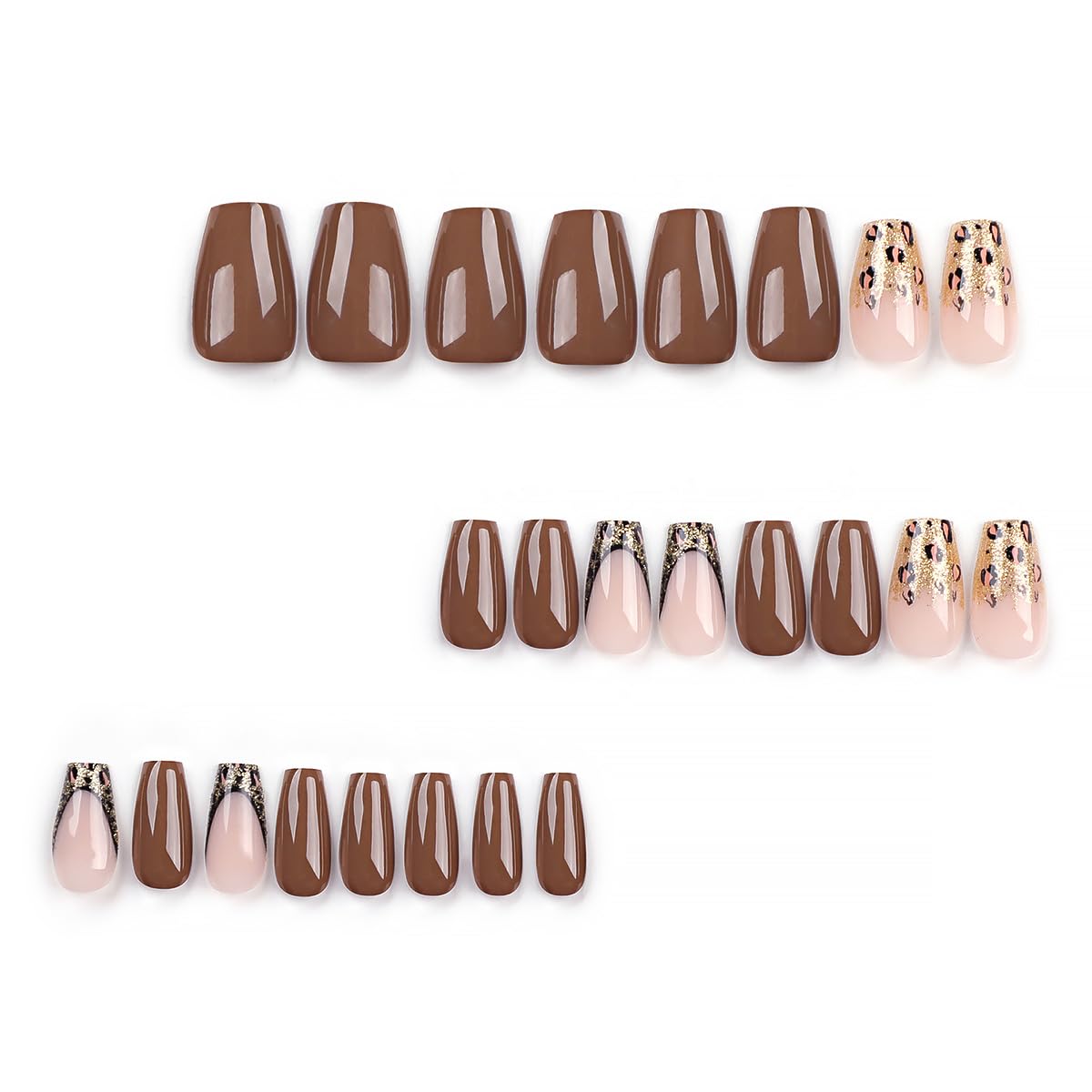24Pcs French Tip Press on Nails Medium Coffin Fake Nails with Brown Leopard Print Design Silver Glitter Full Cover Artificial Glue on Nails Glossy Stick on Nails Nude Nail Supplies for Women DIY Nails