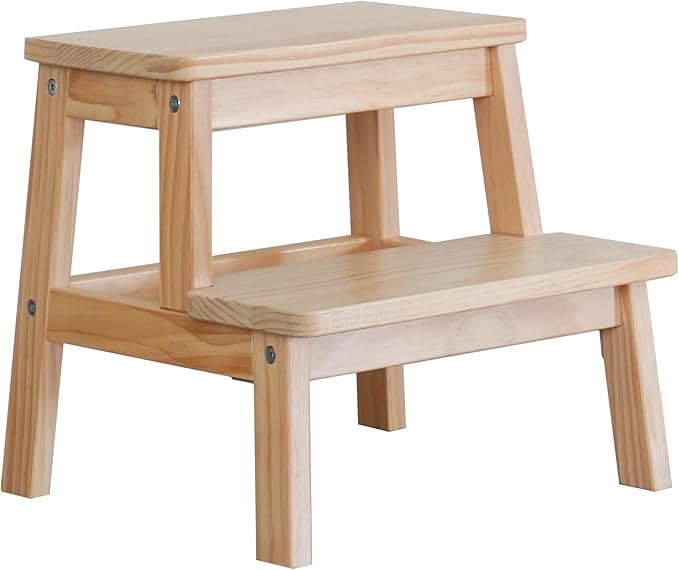 Adult & Child Wooden Two Step Stool ，Stepping Stool，Kids Step Stool Kitchen Step Stools for Bathroom– Perfect for Kitchen, Bathroom, Bedrooms & More (Wood Color)