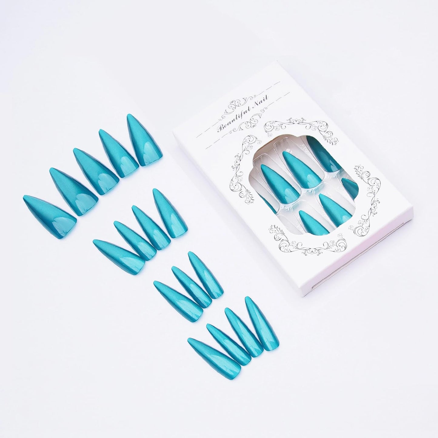 MISUD Press on Nails - Long Stiletto Fake Nails with Summer Green Cat Eye, Acrylic Bling Glitter Teal Design 24 pcs