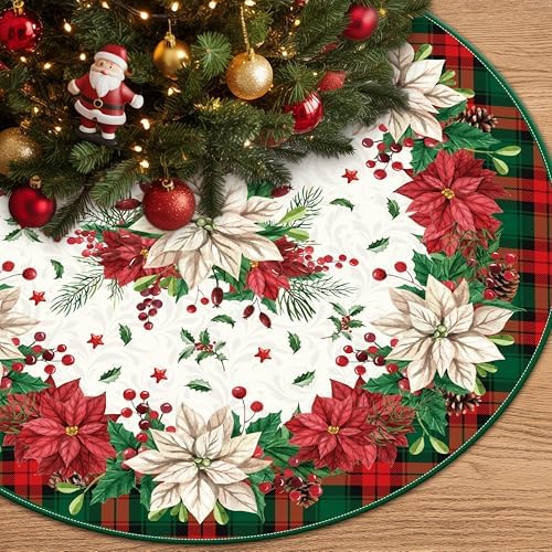 Christmas Tree Skirt Snowman Tree Decorations Buffalo Plaid Christmas Tree Mat Xmas Tree Skirt Ornaments for Holiday Party Indoor House Deco (Green, 36 Inches)