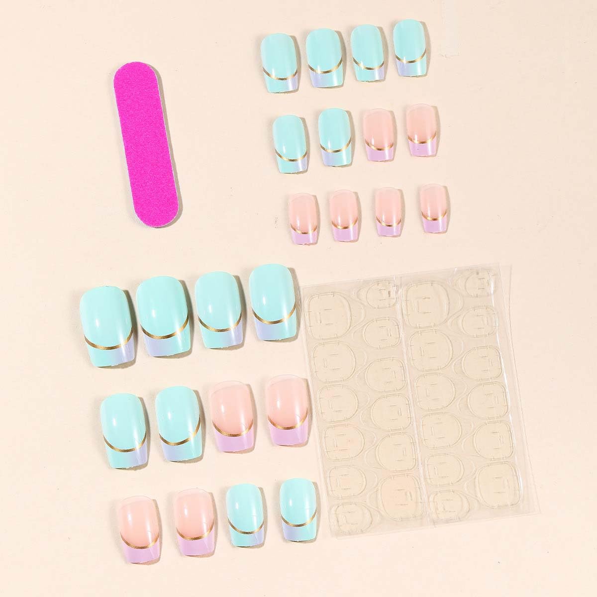 French Tip Press On Nails Medium Square Fake Nails Gold Line With Gradient Design Green False Nails Full Cover Glossy Acrylic Stick On Nail Artificial Cute Glue On Nail For Women 24pcs