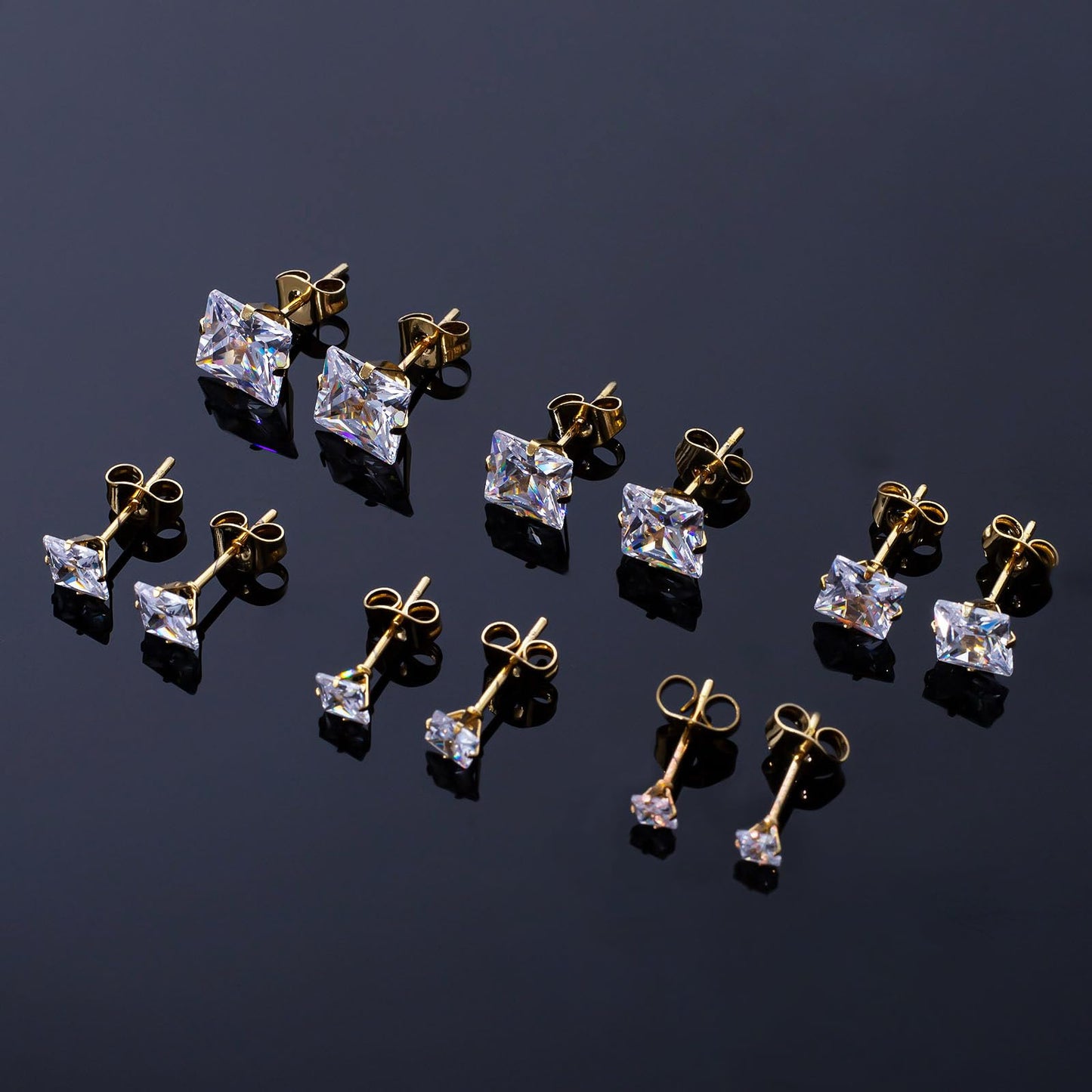 6 Pairs Square Earrings, Princess Cut Earrings Set for Men Women, Hypoallergenic 14K Gold Plated Surgical Steel Clear Cubic Zirconia Stud Earrings for Multiple Piercing Sensitive Ears CZ Size 3-8mm