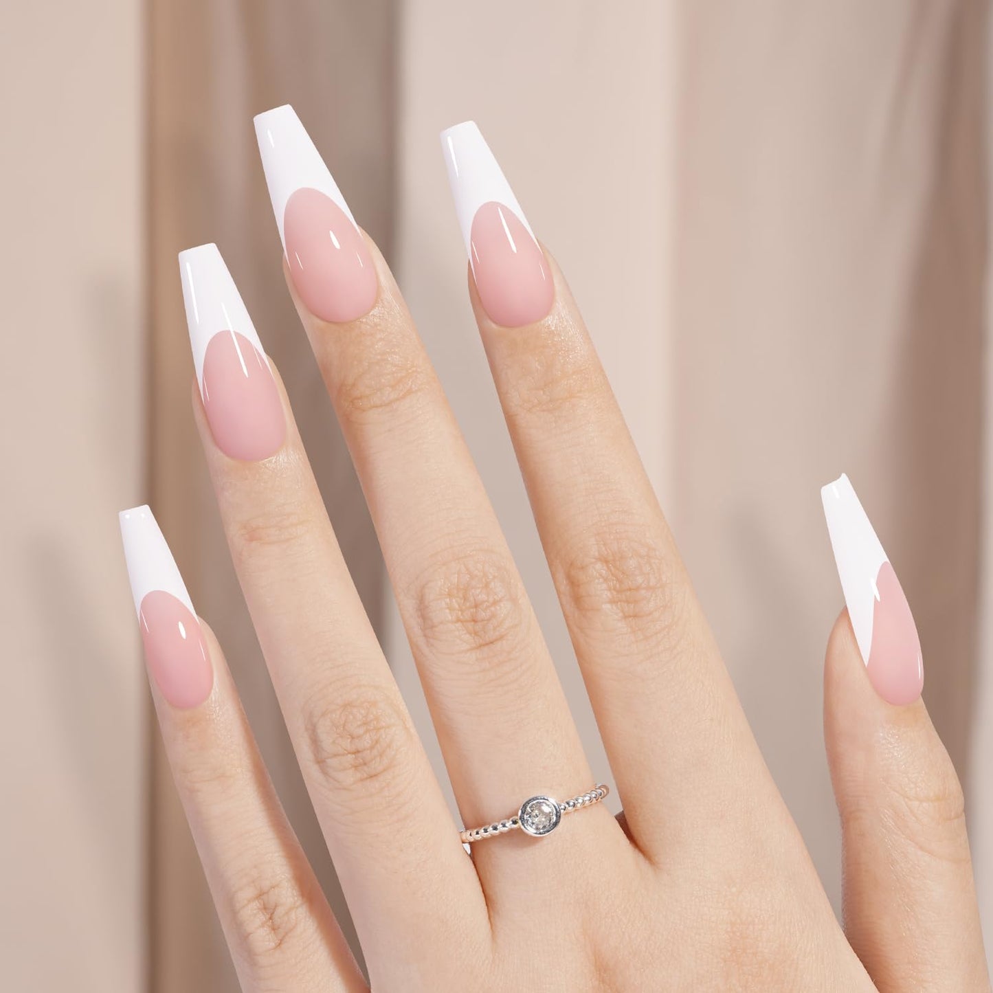 AILLSA French Gel Nail Tips, 180 Pcs French Tip Press On Nails Long Coffin Pink, Pre-Applied Primer & Base Coat, No Need File, Soft Nail Tips, Fake Nails for Nail Art DIY 15 Sizes