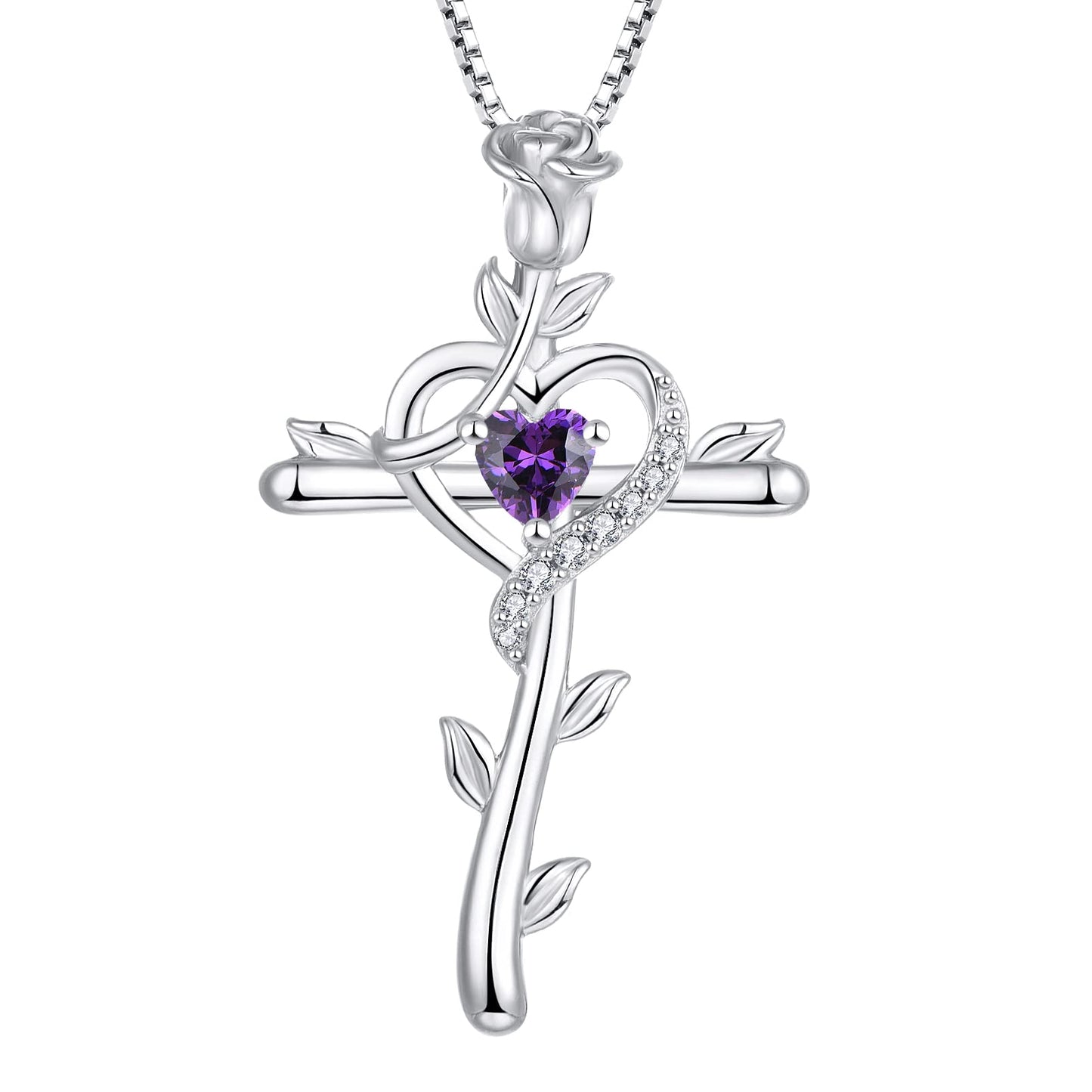 STARCHENIE Rose Cross Necklace 925 Sterling Silver Heart Crucifix Pendant Created Amethyst Jewelry for Women