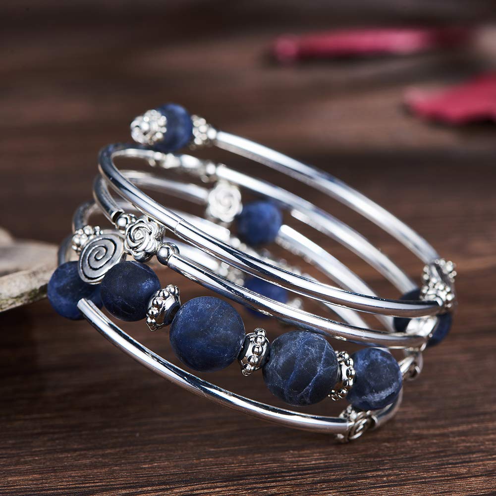 Bead Wrap Bangle Pearl Bracelet - Silver Metal Bracelet Gifts For Women(02-Navy blue)