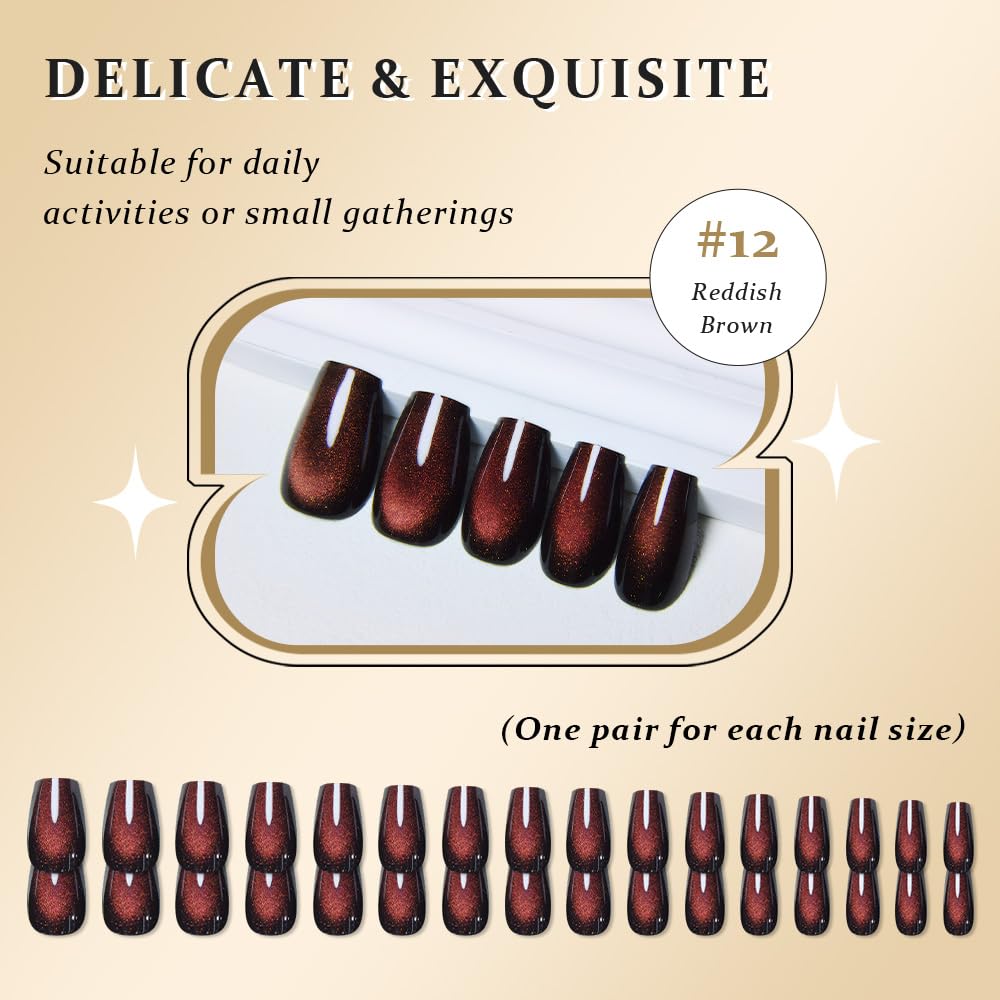 evpct Reddish Brown Cat Eye Coffin Press on Nails Medium Square No Glue, Medium Square Stick on Nails for Women Gift, Wine Red Metallic Glitter Glossy Reusable Spring Summer Press on Acrylic Fake Nail