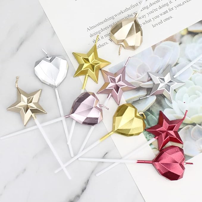 Saododku Birthday Candles, 5pcs Pink Birthday Candles for Cake, Star Shaped Sparkler Candles for Birthday Cake, Metallic Color Stereo Shaping Cake Candles Set