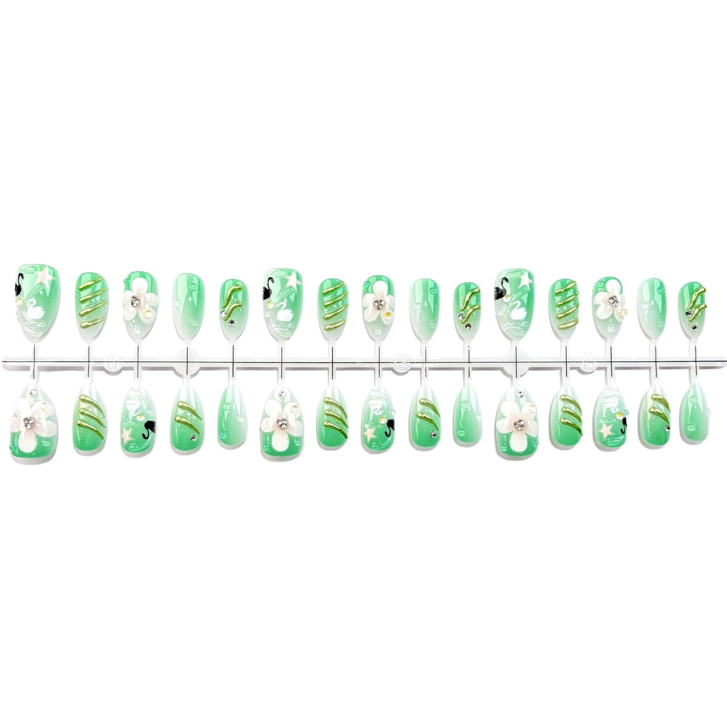 30Pcs Y2K Green Press on Nails Almond Fake Nails with 3D Flower Rhinestones and Black White Swan Design Green Gradient Spring False Nails Gold Lines Full Cover Handmade Stick on Nail for Women