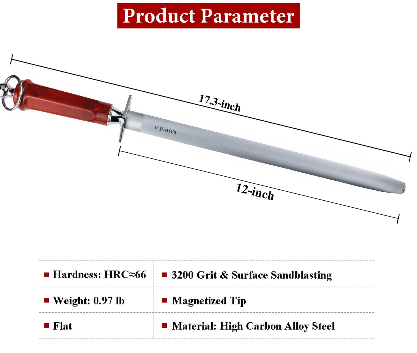 KOPALA Sharpening Steel Knife Sharpener Rod Flat 12 Inches Honing Steel for Knives Red