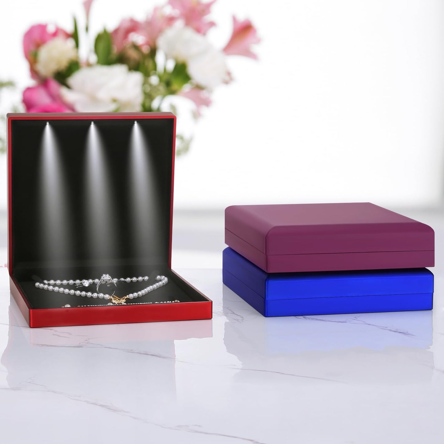LETURE Large Velvet Jewelry Set Gift Box, Necklace Box With LED Light, Elegant Velvet Gift Box For Bracelet Necklace Earring Ring (Red)