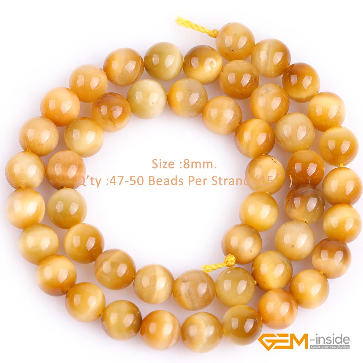 GEM-Inside 8mm Gold Blue Tiger Eye Gemstone Loose Beads Dyed Color Round Crystal Energy Stone Power for Jewelry Making 15"