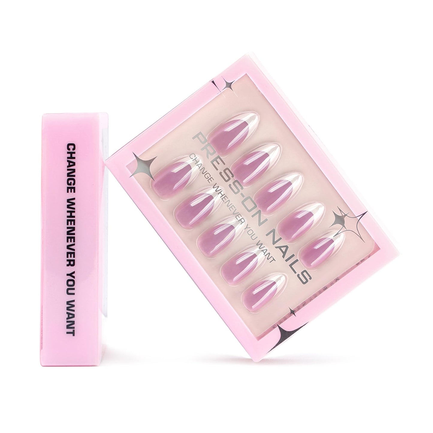 Almond Press-On Nails – 30 Pcs Glossy Chrome, French Tip & Solid Color Nail Set with Glue & Adhesive Tabs | PMMA Coated Reusable False Nails for Women & Teens (Parisian Tip, Medium)