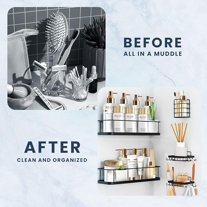 Sben Shower Caddy Adhesive, No Drill Required, 5 Pack, Bathroom Shower Organizers Set with 2 Soap Dishes and Toothbrush Holder, Rustproof Wall-Mounted Storage Shelves for Bathroom (Black)