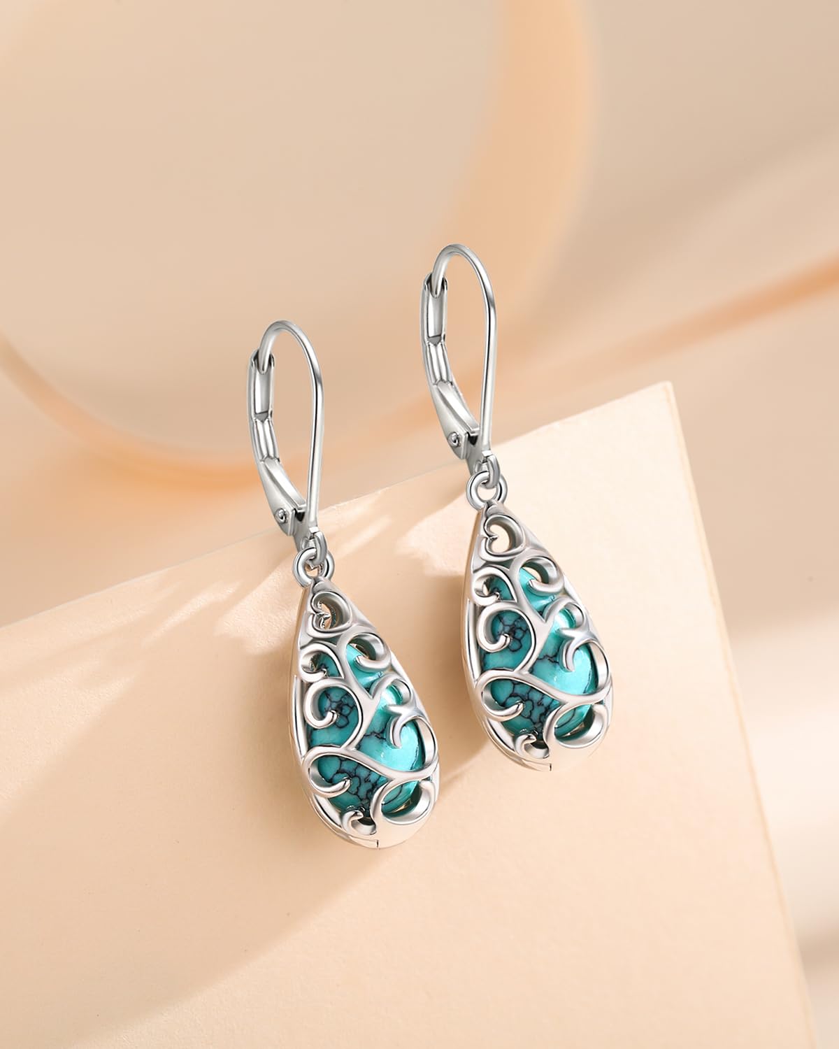 BDL Filigree Genuine Turquoise Teardrop Leverback Earrings Sterling Silver Dangle Drop Jewelry for Women